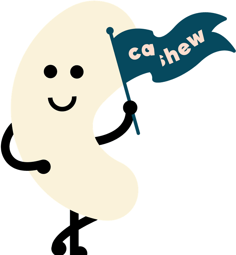 Cashew mascot, Charlie, holding a flag